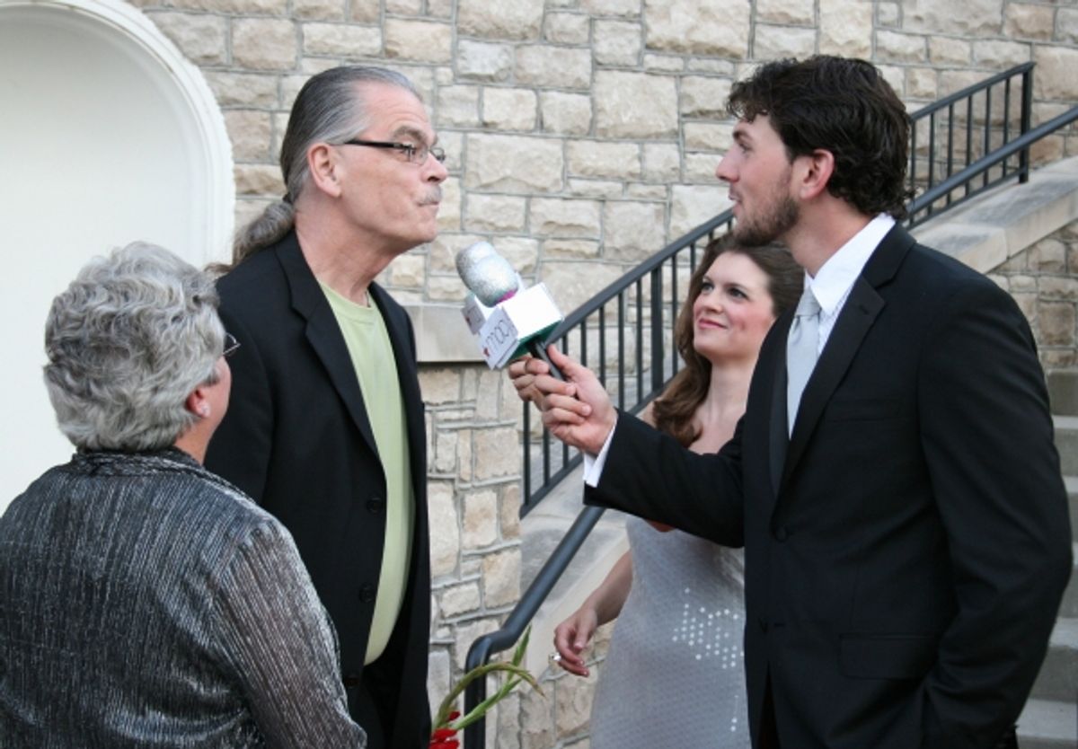Tim O'Brien, the husband of honoree Kathleen O'Brien, is interviewed by Jennifer Richmond and Trey Palmer. at 