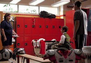 Coach Beiste (Dot Marie Jones, L) walks in on Artie (Kevin McHale, C) and Finn (Cory  Photo