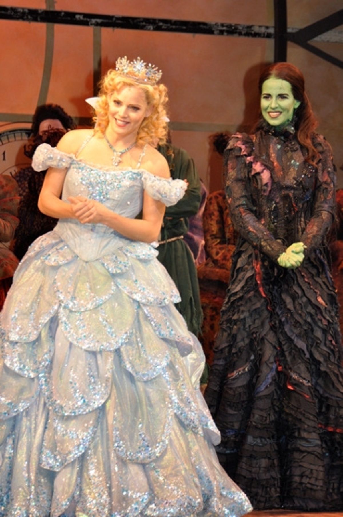 Katie Rose Clare and Mandy Gonzalez inviting Brett and his family backstage to meet the cast at 