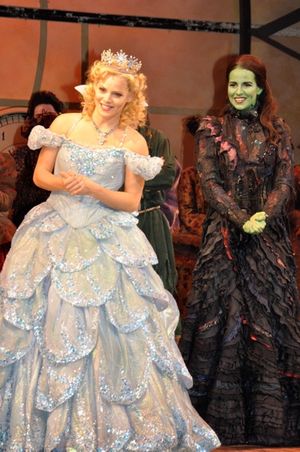 Katie Rose Clare and Mandy Gonzalez inviting Brett and his family backstage to meet t Photo