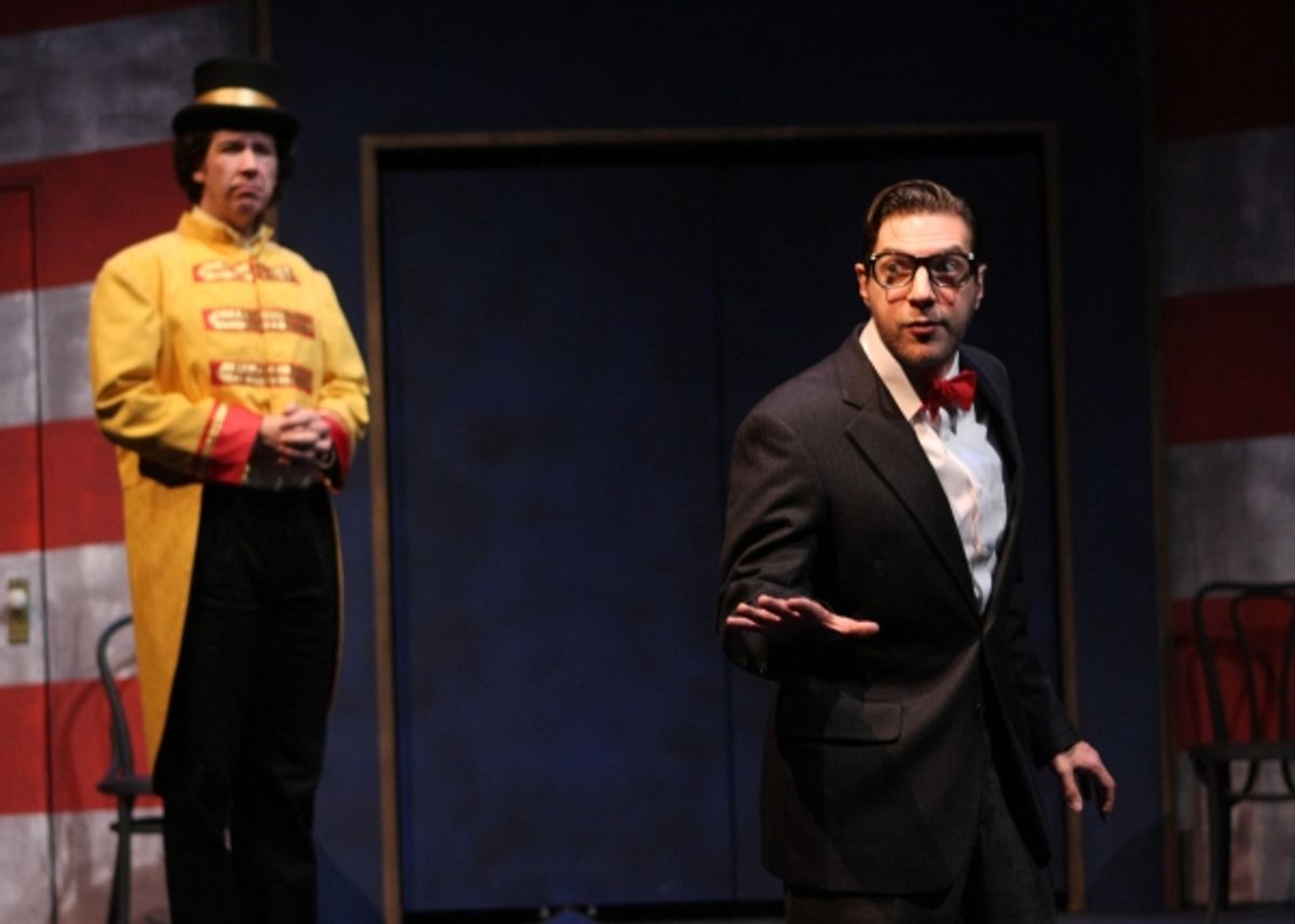 Dudley (Joseph Scrimshaw) jokes with the audience and The Ringmaster (Paul de Cordova) at 