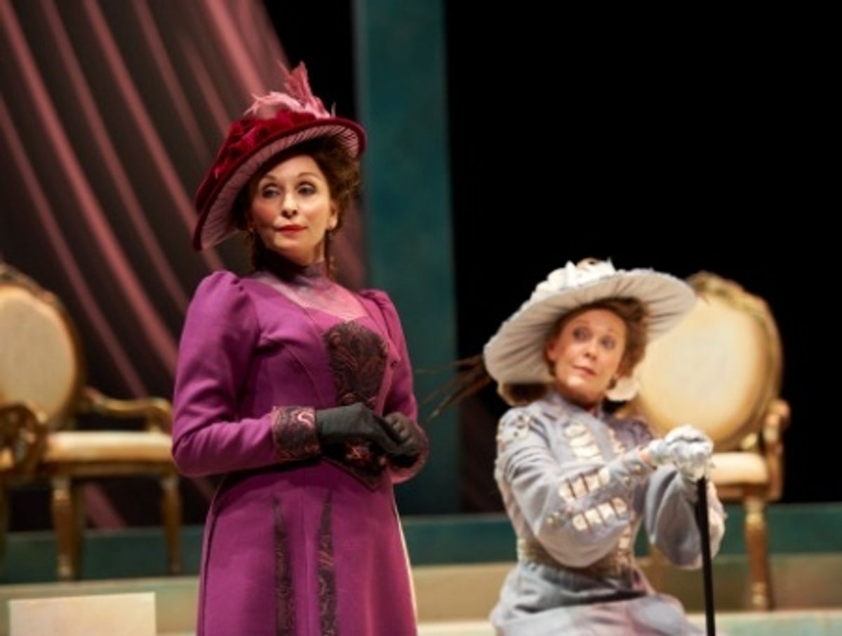 Mrs. Cheveley (actor, Laura Perrotta, left) and Lady Markby (actor, MaryAnn Nagel, right)  at 