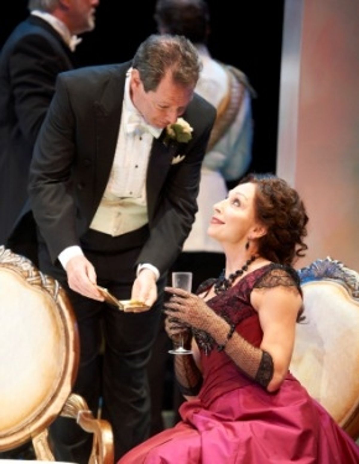 Robert Chiltern (actor, Richard Klautsch) and Mrs. Cheveley (actor Laura Perrotta)  at 