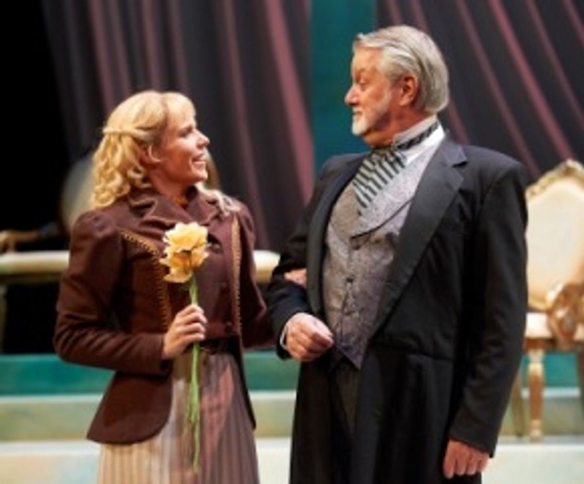 The Earl of Caversham (actor, Aled Davies)  and Mabel (actor, Sara M. Briner) at 