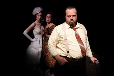 (L-R) Victoria Frings as Polly Peachum, Mary Martello as Mrs. Peachum and Scott Greer Photo