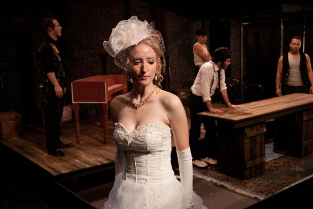 Victoria Frings as Polly Peachum and (back L-R) Sebastian Naskaris as Ned, Doug Hara as Jimmy, Sean Lally as Crook-Fingered Jake and Jamal Lee Harris as Chain-Saw Bob  at 