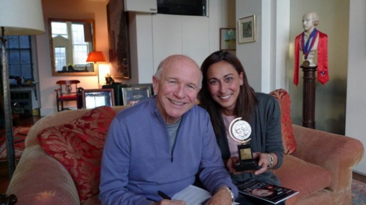 Terrence McNally, Cherie Gil (flashing Mr. McNally's Tony Award for MASTER CLASS) at 