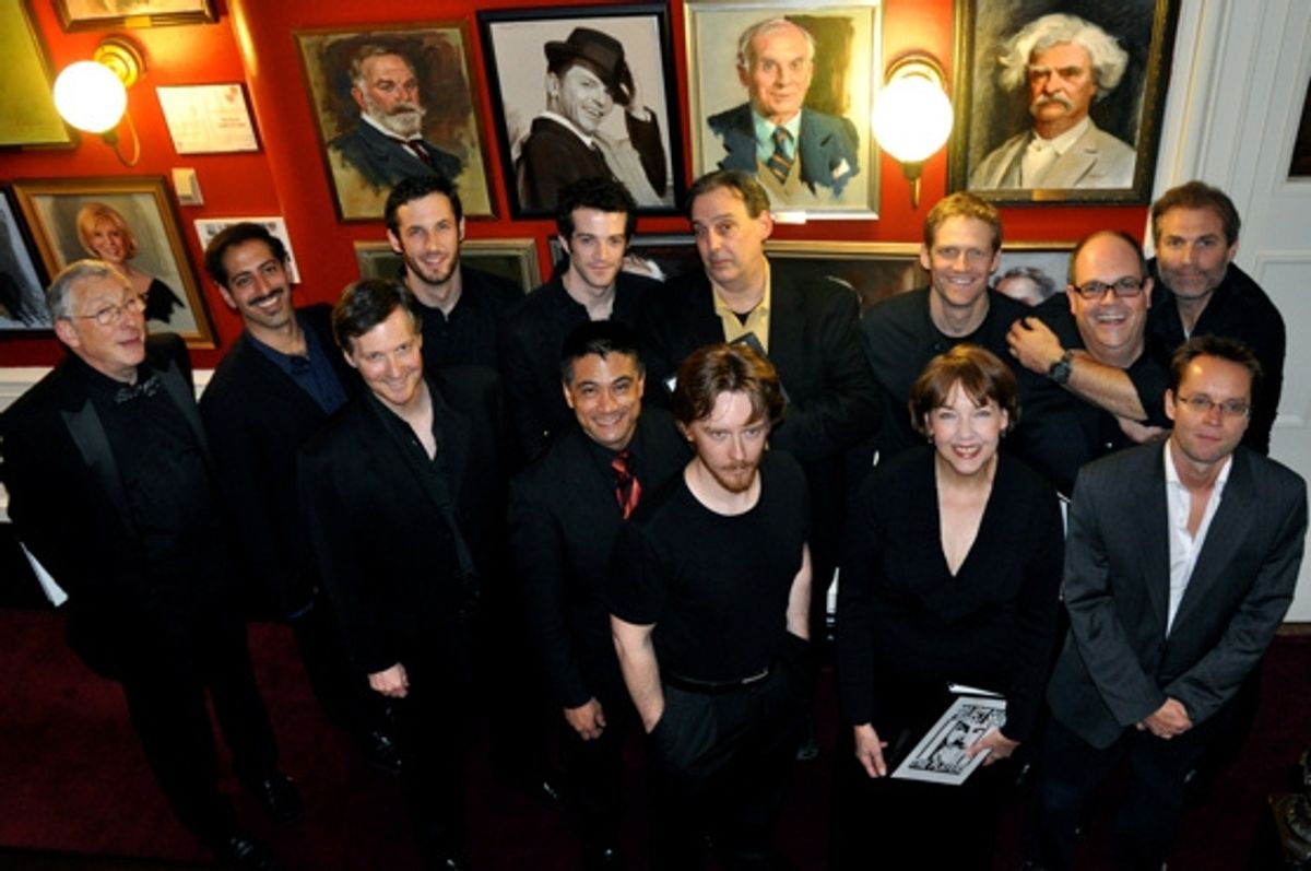 Philip Glassborow, James Rana, Paul Singleton, Matthew Baldiga, A.J. Shively, Ariel Estrada, Michael Feingold, David Ian Lee, Glenn Kalison, Harriet Harris, Brad Oscar, Marc Kudisch and Michael Riedel at 