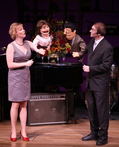 Jennifer Barnhart & Rick Lyon with Betty Comden & Adofph Green puppets Photo