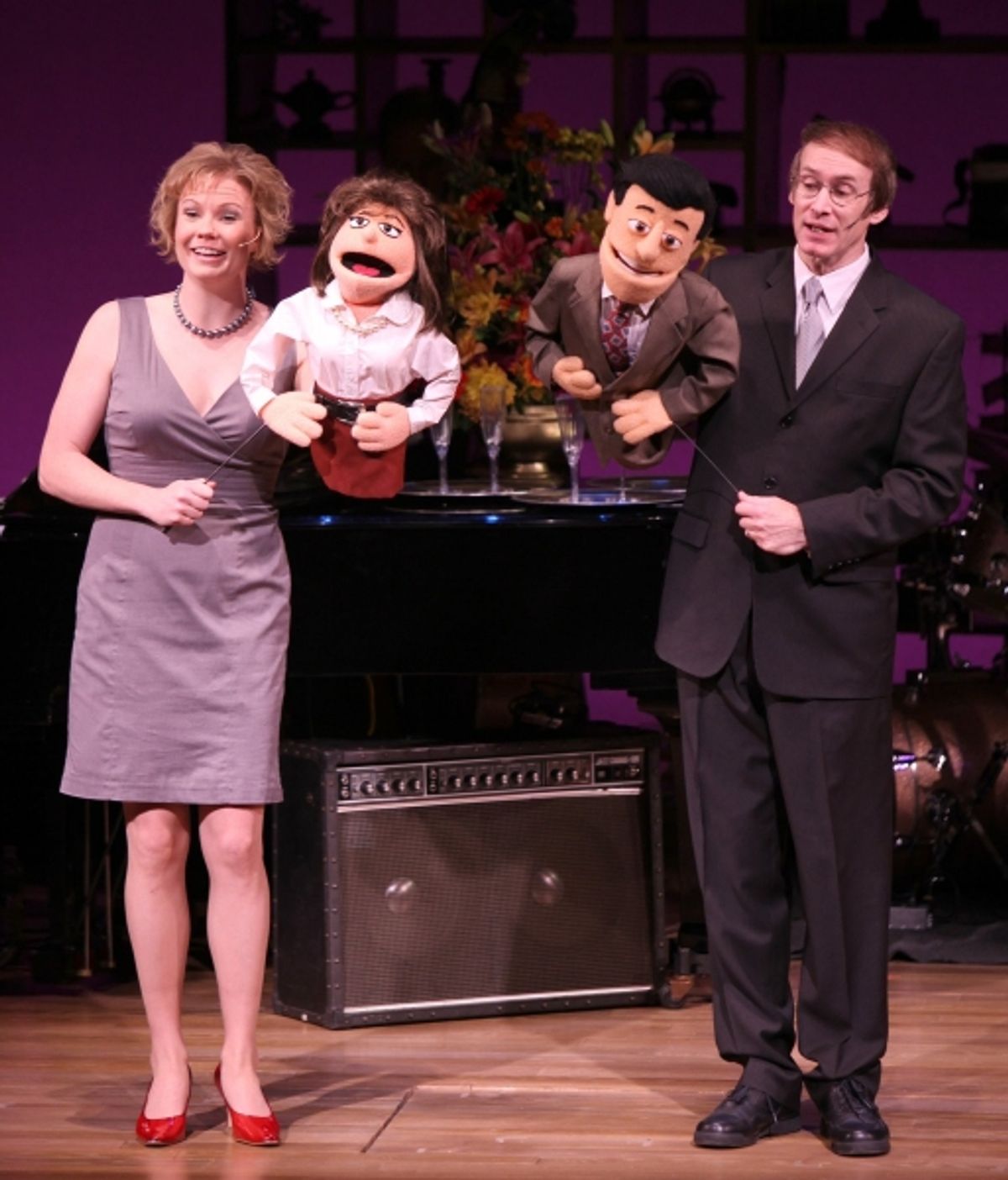 Jennifer Barnhart & Rick Lyon with Betty Comden & Adofph Green puppets at 