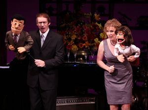 Jennifer Barnhart & Rick Lyon with Betty Comden & Adofph Green puppets Photo