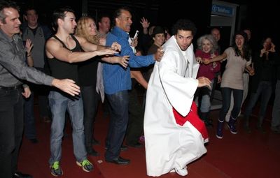 Julio Agustin (Gypsy Robe Recepient) with Brian Stokes Mitchell, Laura Benanti, Mary  Photo