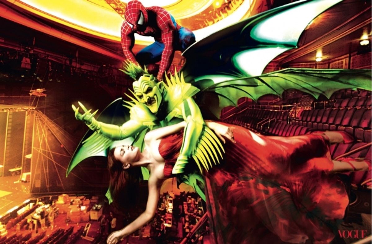 Reeve Carney as Spider-Man, Patrick Page as Green Goblin and Jennifer Damiano as Mary Jane Watson at 