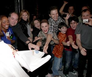 Lisa Gajda (Gypsy Robe Recipient for Elf) with Sebastian Arcelus, Matthew Schechter,  Photo