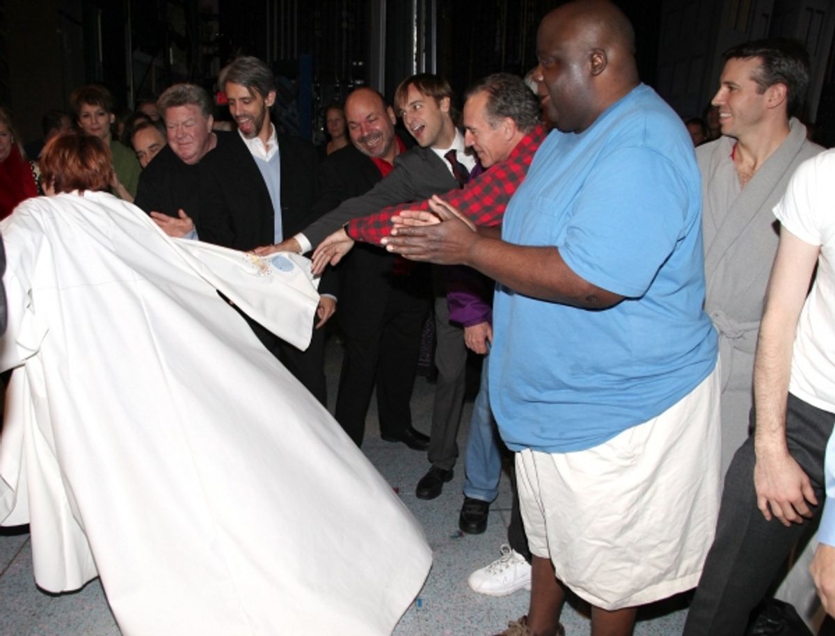 Lisa Gajda (Gypsy Robe Recipient for Elf) with Beth Leavel, George Wendt, Michael Mandell & the Cast at 