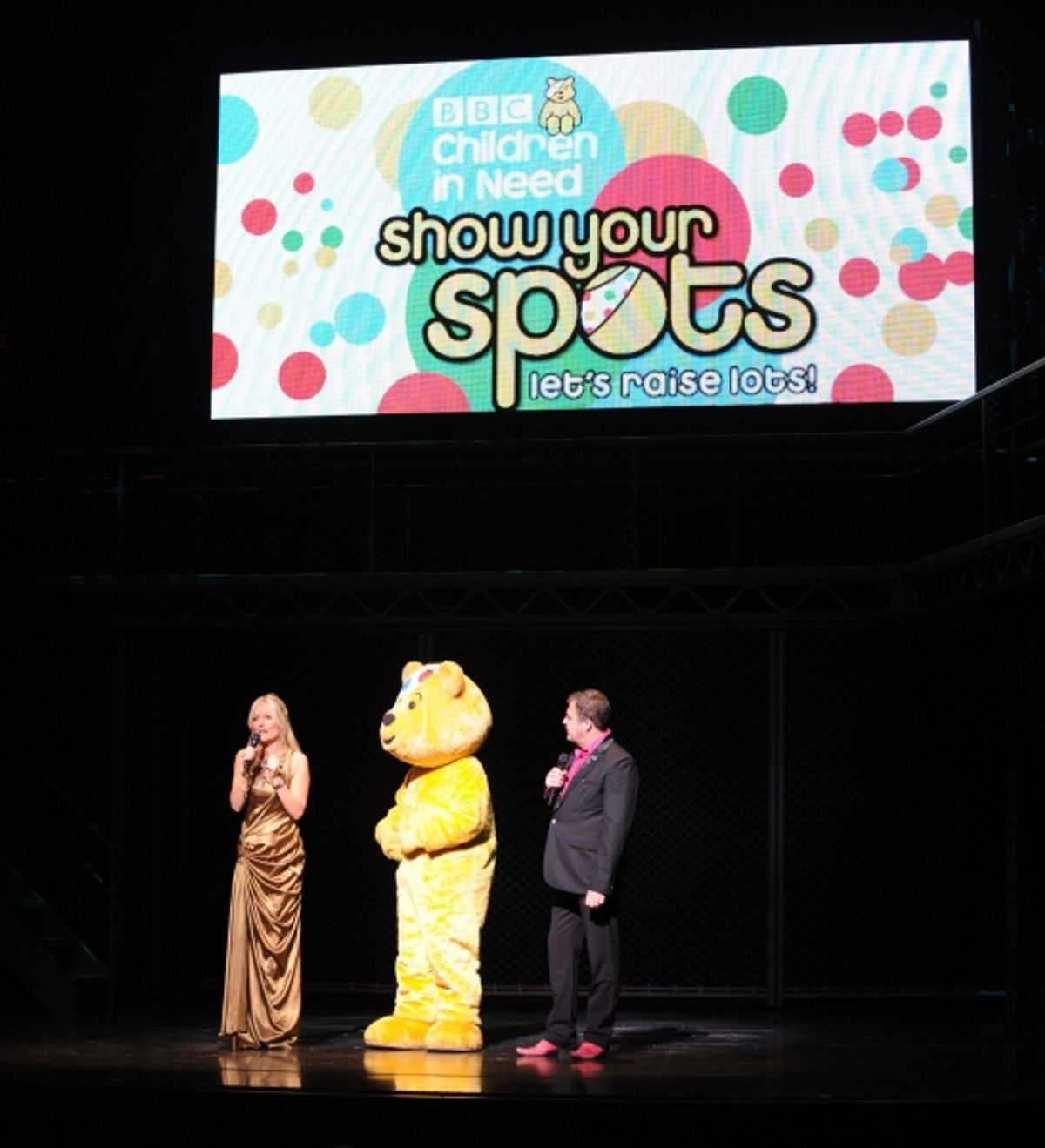 Gaby Roslin, Pudsey Bear, Paul Ross at 
