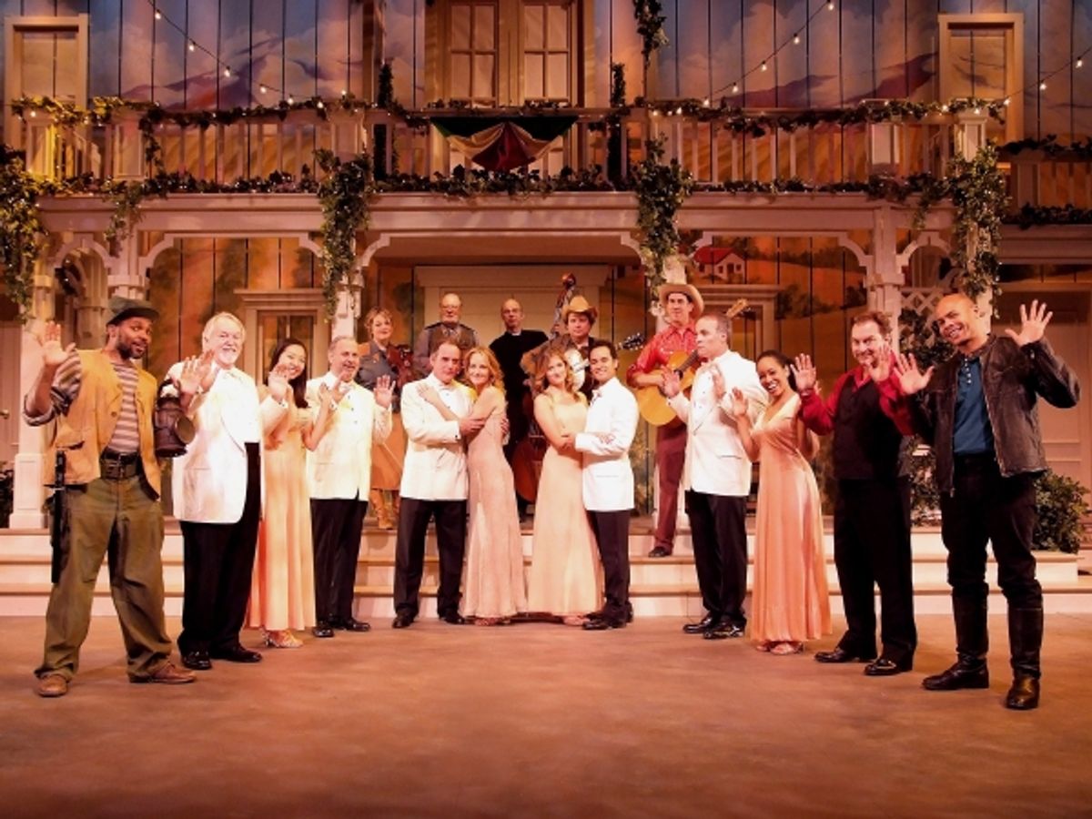 Sara Watkins, David Ogden Stiers, Fred Sanders, Sean Watkins and Brian Joseph. Front Row (L-R): Anthony Manough, Dakin Matthews, Greta Jung, Jared Sakren, Tom Irwin, Helen Hunt, Grace Gummer, Ramon De Ocampo, Geoffrey Lower, Dawn-Lyen Gardner, Stephen Roo at 