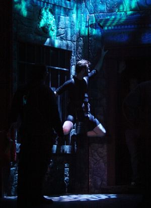 John Buffalo Mailer is practicing wall climb during the Tech Rehearsal @ BroadwayWorld John Buffalo Mailer is practicing wall climb during the Tech Rehearsal Photo