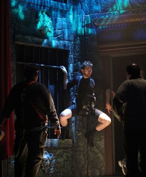 John Buffalo Mailer is practicing wall climb during the Tech Rehearsal @ BroadwayWorld John Buffalo Mailer is practicing wall climb during the Tech Rehearsal Photo