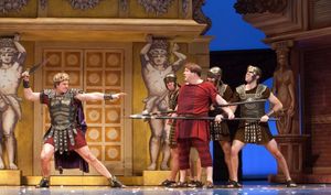 (Foreground, left to right) Dan Chameroy (Miles Gloriosus) and Sean Cullen (Pseudolus); (background) members of the ensemble @ BroadwayWorld (Foreground, left to right) Dan Chameroy (Miles Gloriosus) and Sean Cullen (Pseudolus Photo