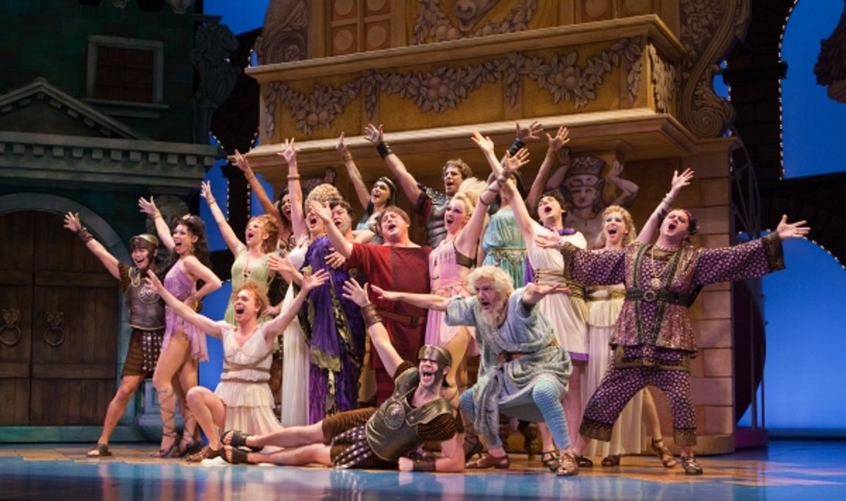The entire acting company, with Sean Cullen as Pseudolus in the centre at New Production Photos from A Funny Thing Happened on the Way to the Forum