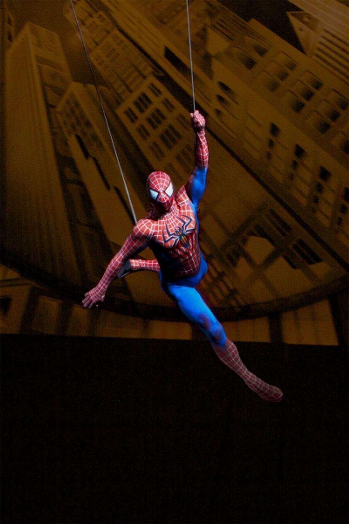 Spider-Man flies through the Foxwoods Theatre at 