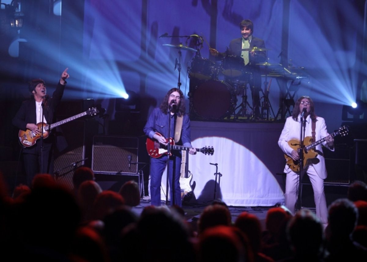 RAIN cast members: Ralph Castelli as Ringo Starr, Joe Bithorn as George Harrison and Steve Landes as John Lennon & Joey Curatolo as Paul McCartney - - 'RAIN' at the Neil Simon Theatre on 10/26/2010 at 