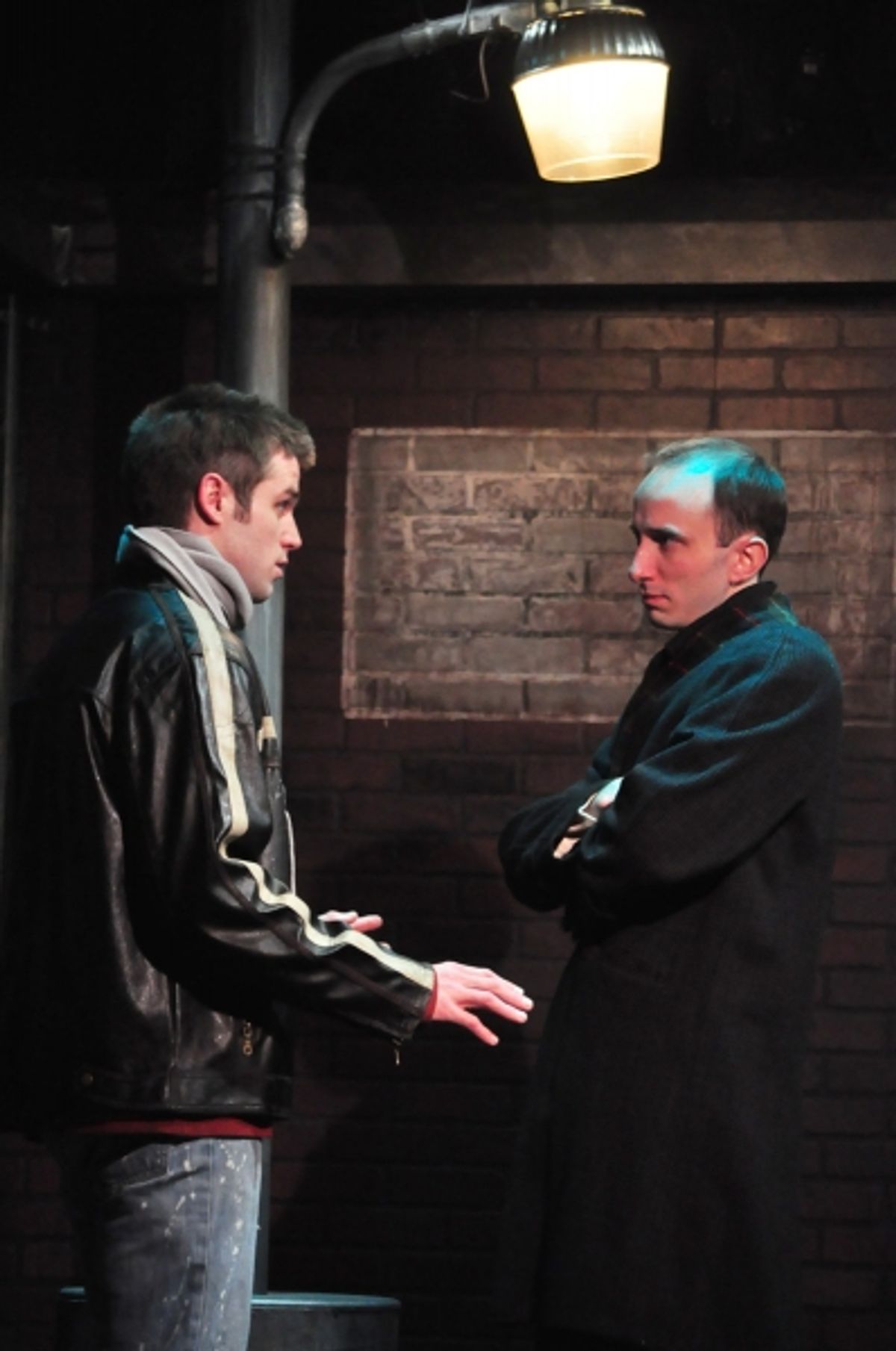 (L to R) Andy (Matt Goodrich) and Brent (Scot Greenwell) meet in the Wal-Mart parking lot as adults in a scene from Norway. at 