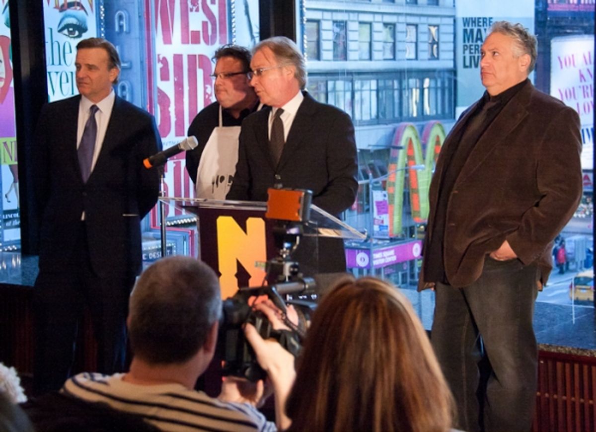 ) NYC Deputy Mayor for Economic Development Robert Steel, celebrity chef David Burke, Harvey Fierstein and NYC & Company CEO George Fertitta at 