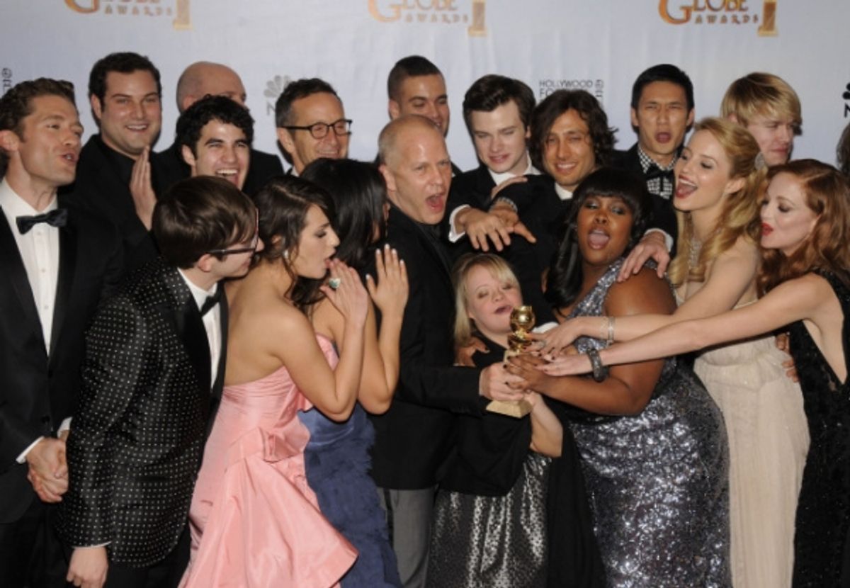 GOLDEN GLOBE AWARDS VIEWING PARTY AND POST-SHOW CELEBRATION:  The cast of GLEE (L-R): Top row: Matthew Morrison, Max Adler, Darren Cris, Mike O'Malley, Executive Producer Dante Di Loreto, Mark, Salling, Chris Colfer, Executive Producer Brad Falchuk, Hary  at 