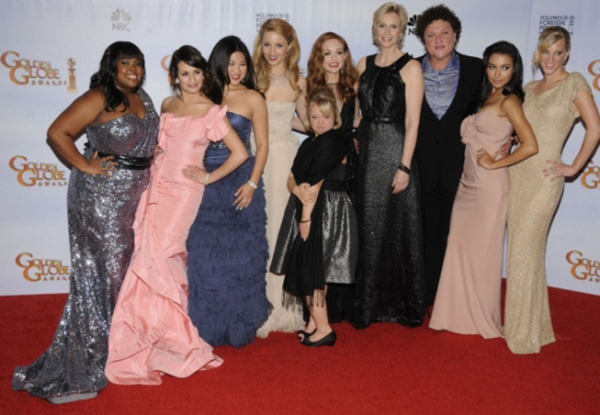 GOLDEN GLOBE AWARDS VIEWING PARTY AND POST-SHOW CELEBRATION:  The cast of GLEE (L-R): Amber Riley, Lea Michele, Jenna Ushkowitz, Dianna Agron, Lauren Potter, Jayma Mays, Jane Lynch, Dot-Marie Jones, Naya Rivera and Heather Morris celebrate their win for B at 
