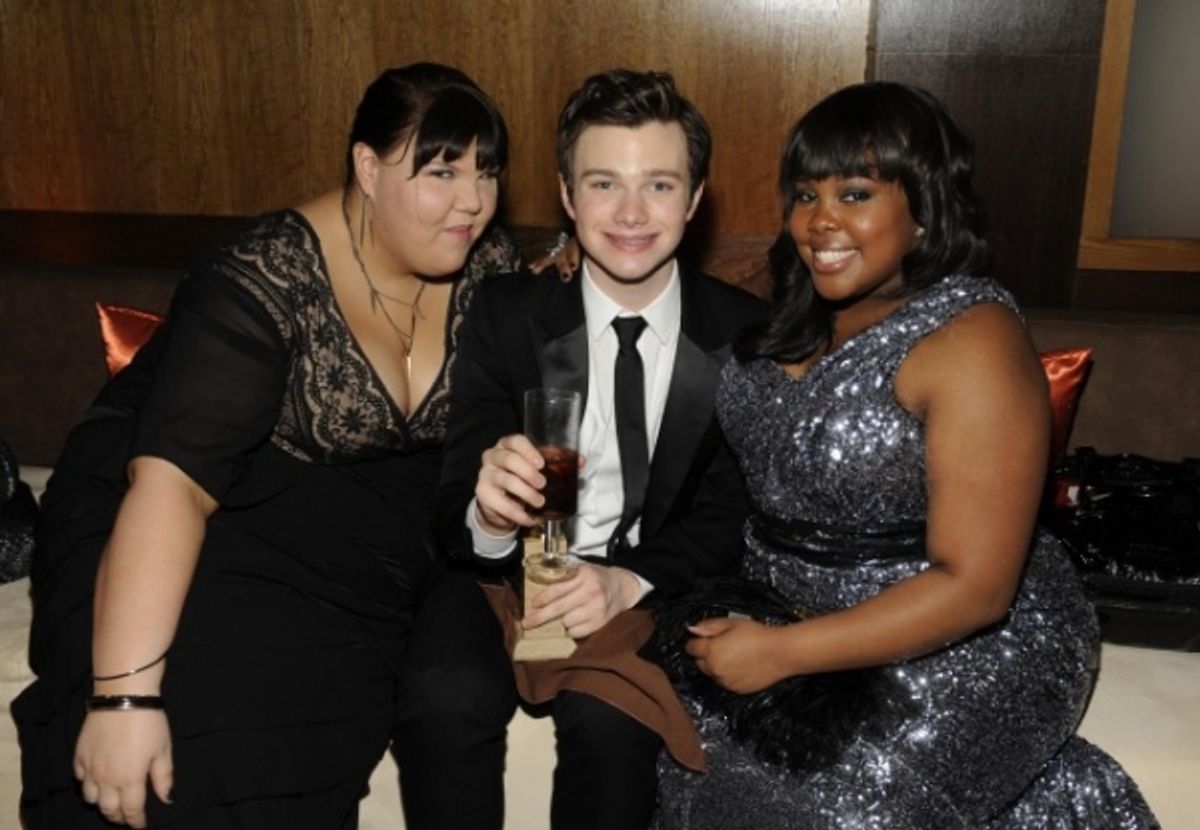 GOLDEN GLOBE AWARDS VIEWING PARTY AND POST-SHOW CELEBRATION: (L-R):  GLEE'S Ashley Fink, Chris Colfer and Amber Riley celebrate the Golden Globe Awards at the Beverly Hilton Hotel in Beverly Hills, CA. on Sunday, Jan. 16. Ã¯Â�&iquest;Â½2011 Fox Broadcasting Co. C at 