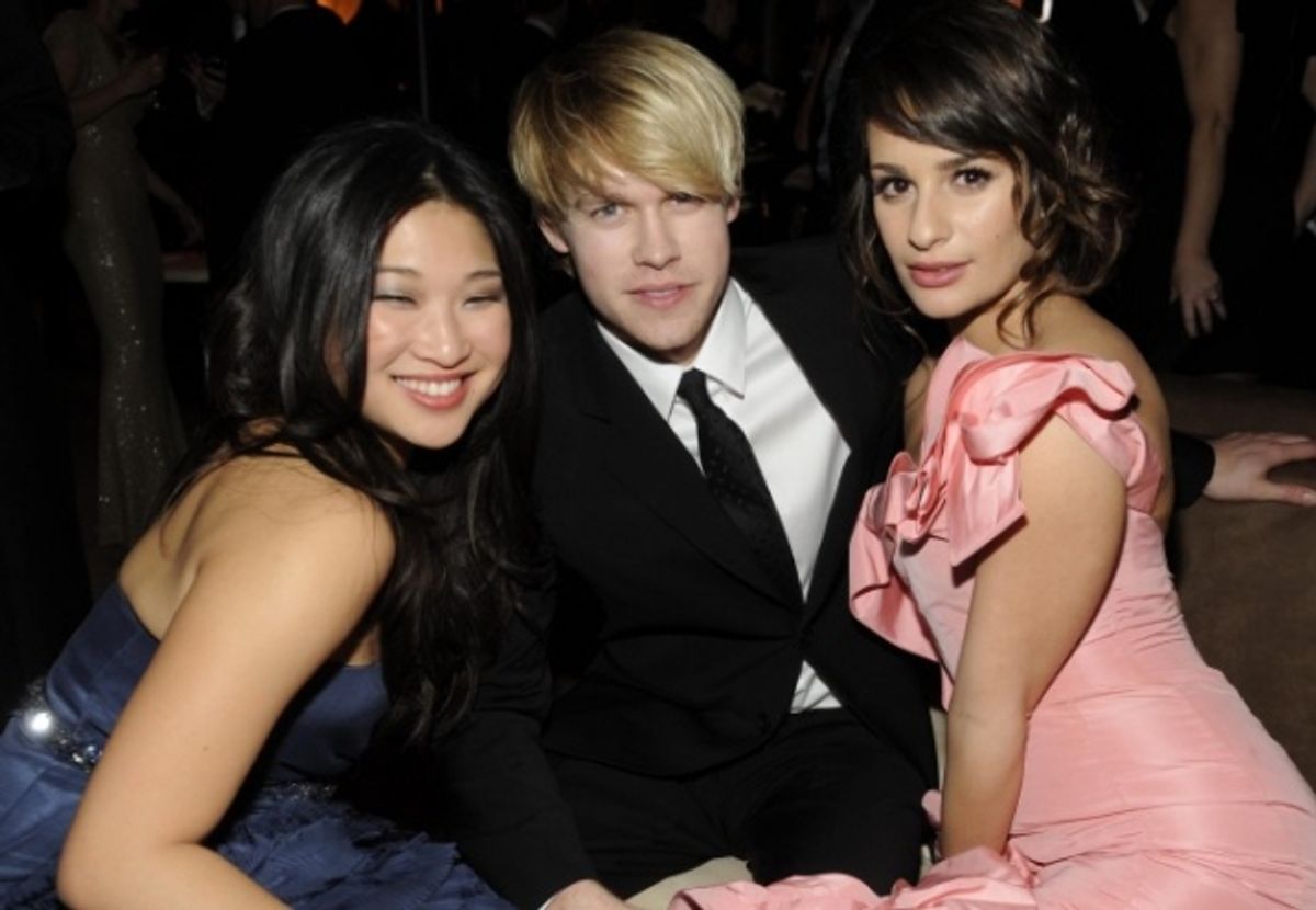 GOLDEN GLOBE AWARDS VIEWING PARTY AND POST-SHOW CELEBRATION: (L-R):  GLEE'S Jenna Ushkowitz, Chord Overstreet and Lea Michele celebrate the Golden Globe Awards at the Beverly Hilton Hotel in Beverly Hills, CA. on Sunday, Jan. 16. Ã¯Â¿Â½2011 Fox Broadcasti at 