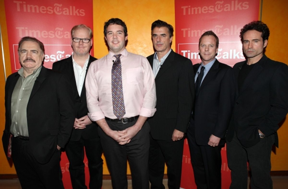 TimesTalks Presents A Conversation With The Champion Acting Ensemble,  cast members of Broadway's  'That Championship Season' , (L-R) Actors Brian Cox, Jim Gaffigan, Chris Noth, Kiefer Sutherland and Jason Patric with Patrick Healy of the New York Times a at 
