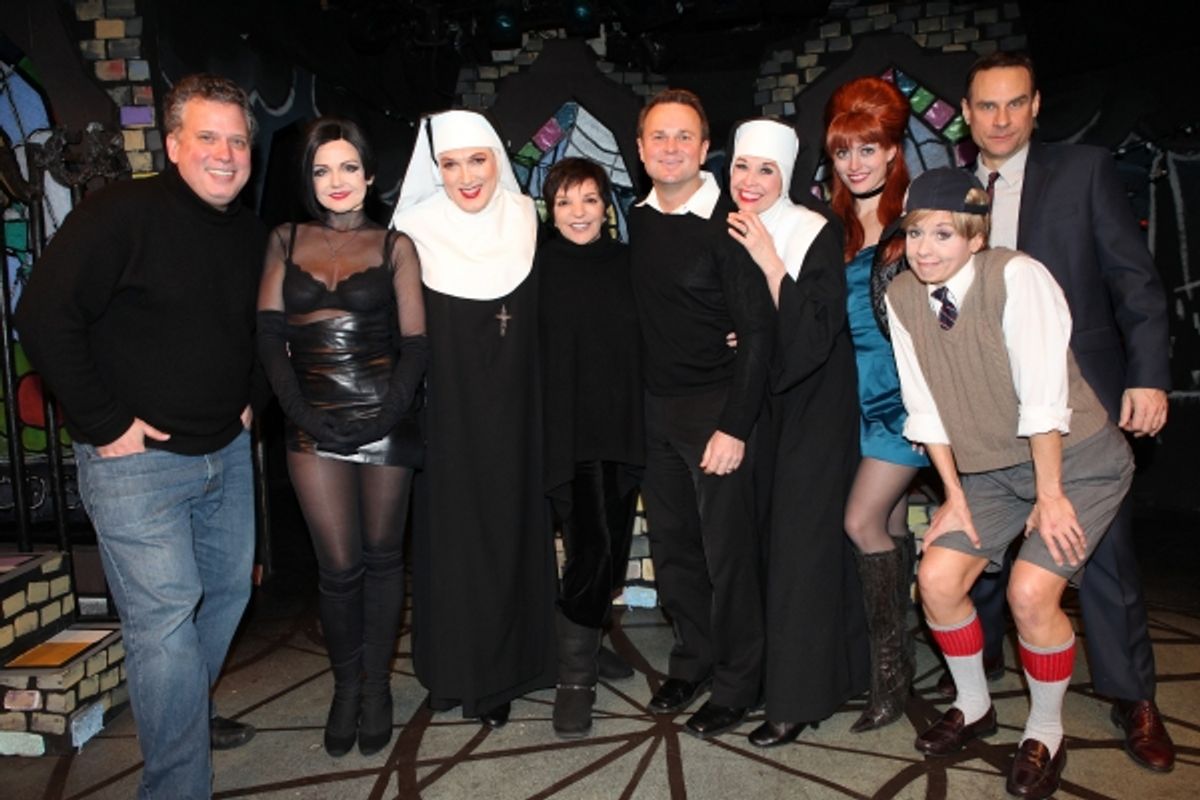 Liza Minnelli, Sam Harris & Billy Stritch visit the cast of 'The Divine Sister' Alison Fraser, Charles Busch, Julie Halston, Amy Rutberg, Jennifer Van Dyck & Jonathan Walker at the SoHo Playhouse in New York City at 
