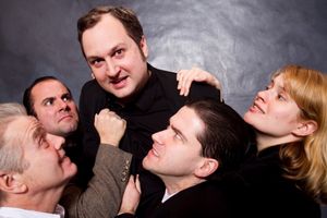 Bertozzo (Vincent Lonergan), Sporty (Anthony Tournis), the Commissioner (Eric Paskey), and the Reporter (Simone Roos) try to subdue the Madman (Joseph Sterns, center) @ BroadwayWorld Bertozzo (Vincent Lonergan), Sporty (Anthony Tournis), the Commissioner (Eric Paskey Photo