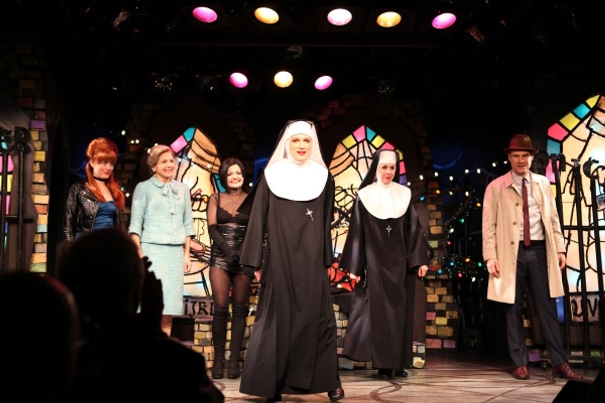 Amy Rutberg, Jennifer Van Dyck, Alison Fraser, Charles Busch & Julie Halston & Jonathan Walker with the cast of 'The Divine Sister' during a Curtain Call at the SoHo Playhouse in New York City. at 