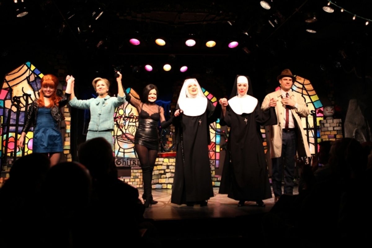 Amy Rutberg, Jennifer Van Dyck, Alison Fraser, Charles Busch & Julie Halston & Jonathan Walker with the cast of 'The Divine Sister' during a Curtain Call at the SoHo Playhouse in New York City. at 