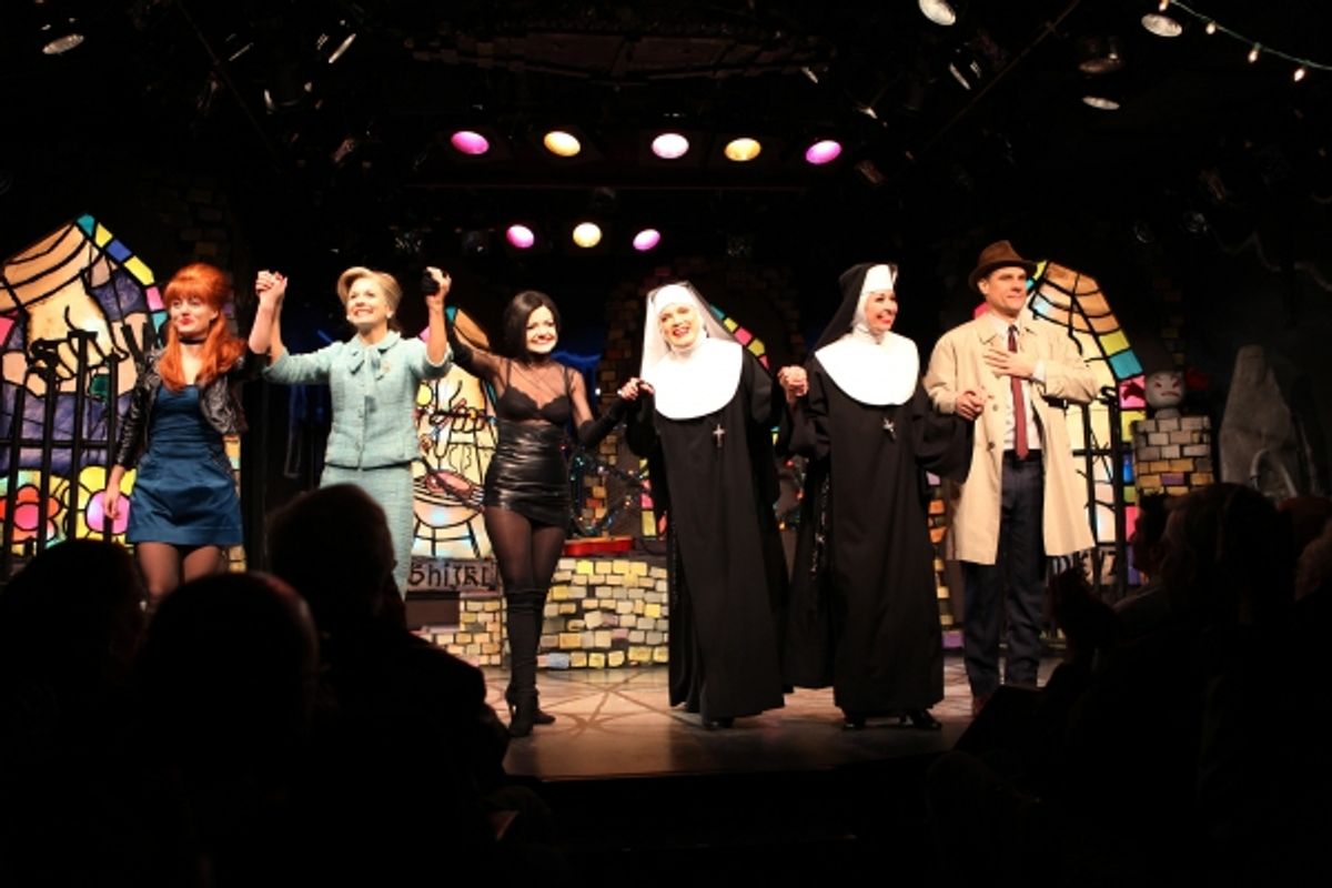 Amy Rutberg, Jennifer Van Dyck, Alison Fraser, Charles Busch & Julie Halston & Jonathan Walker with the cast of 'The Divine Sister' during a Curtain Call at the SoHo Playhouse in New York City. at 