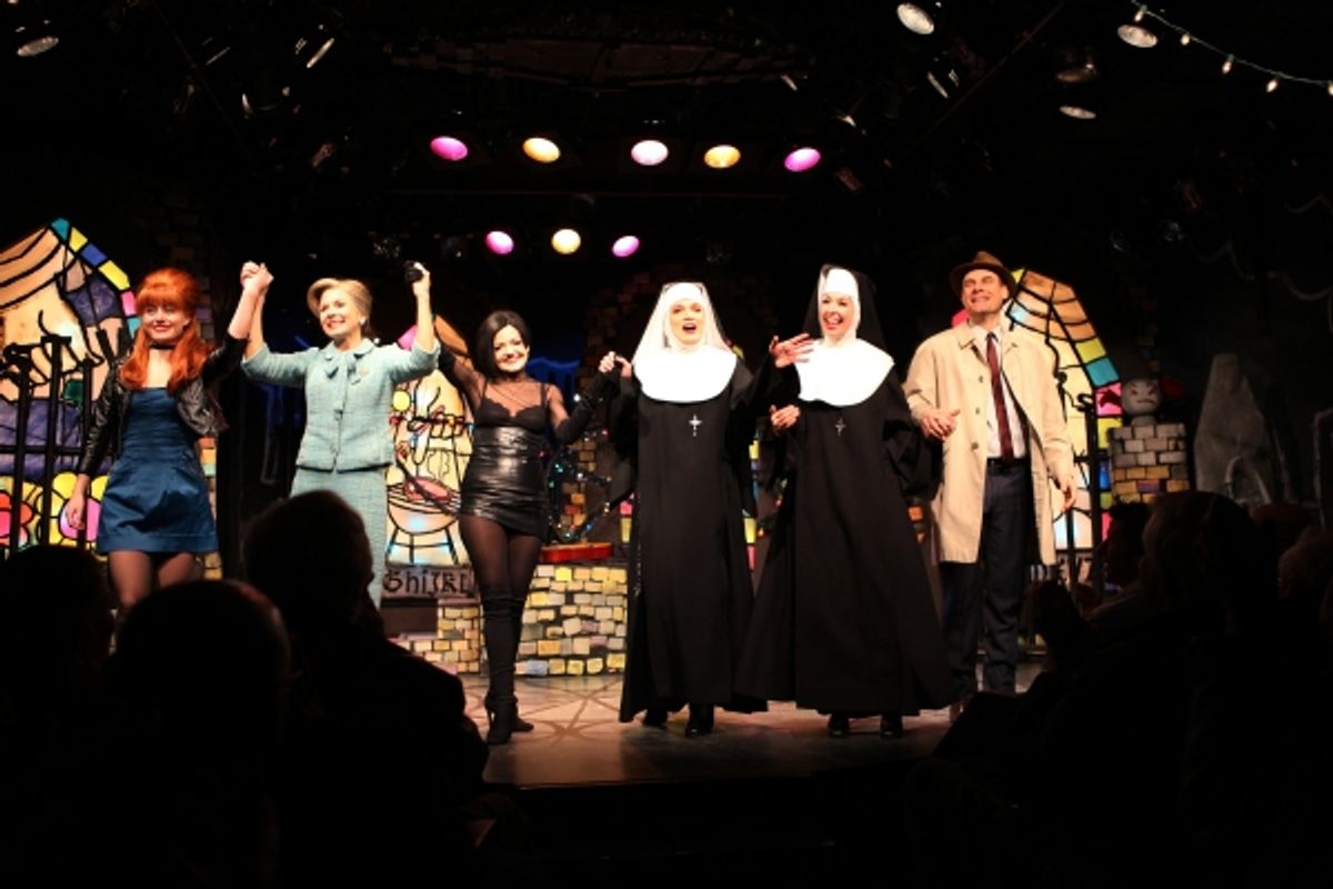 Amy Rutberg, Jennifer Van Dyck, Alison Fraser, Charles Busch & Julie Halston & Jonathan Walker with the cast of 'The Divine Sister' during a Curtain Call at the SoHo Playhouse in New York City. at 
