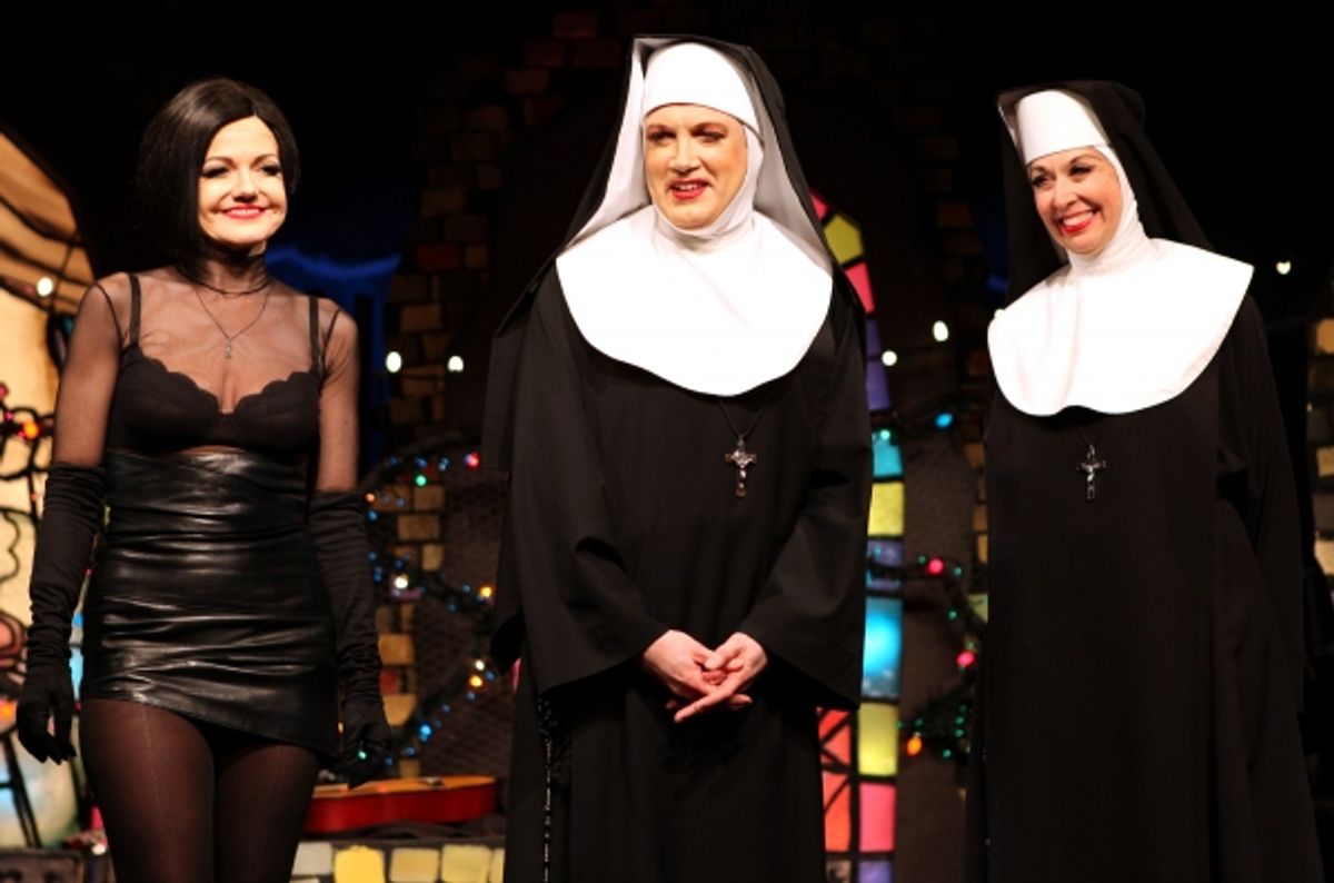 Alison Fraser & Charles Busch & Julie Halston with the cast of 'The Divine Sister' during a Curtain Call at the SoHo Playhouse in New York City. at 