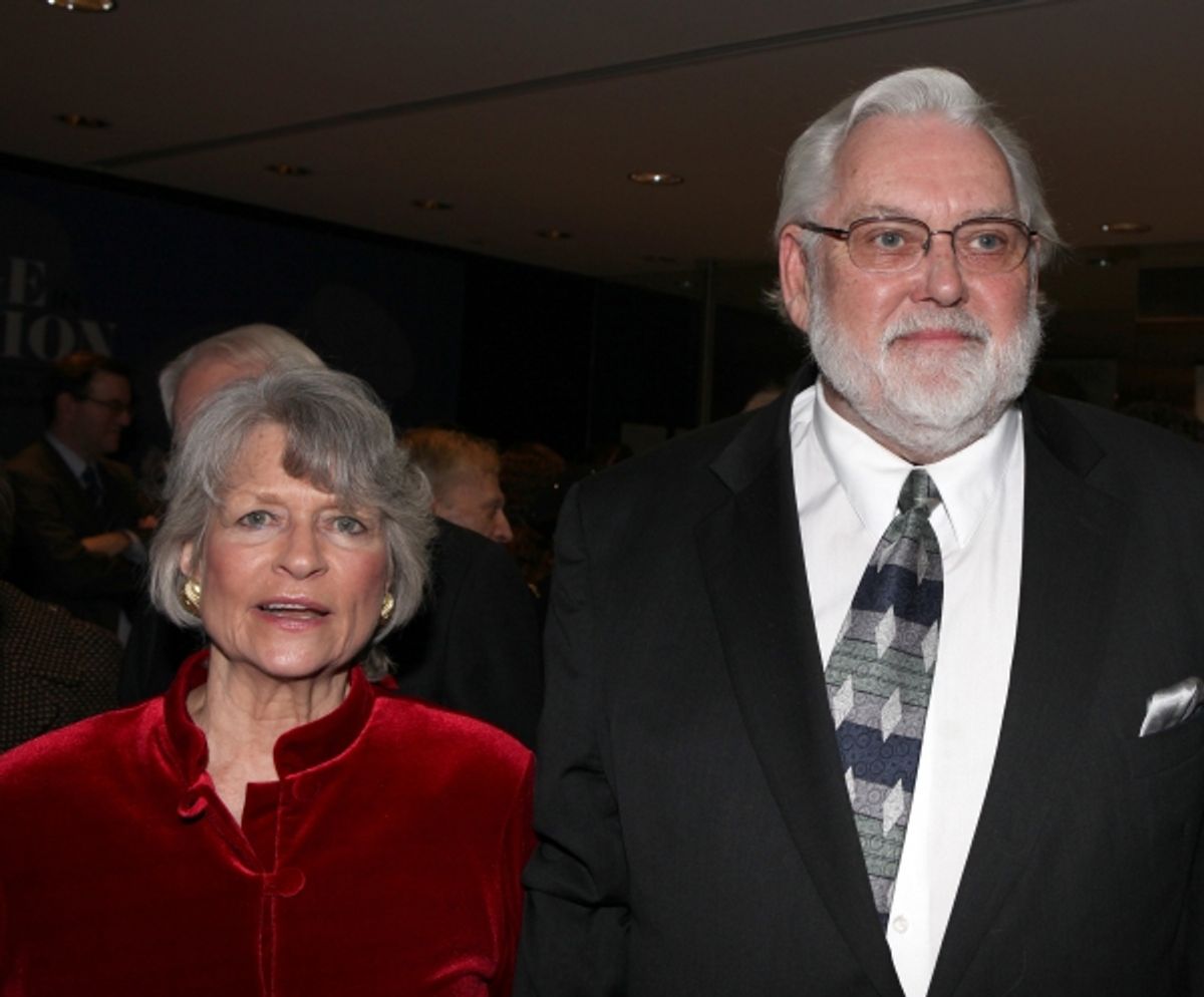 Louise Hirschfeld Cullman & Jim Brochu attends the reception and unveiling for the Al Hirschfeld permanent installation at The New York Public Library for Performing Arts in New York City. at 