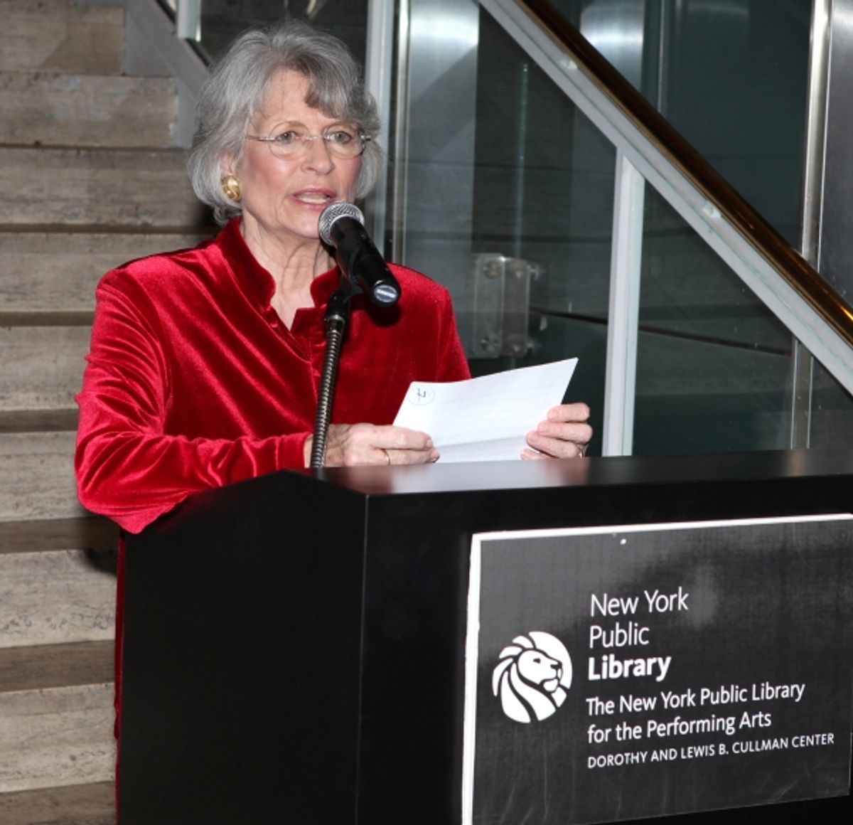 Louise Hirschfeld Cullman attends the reception and unveiling for the Al Hirschfeld permanent installation at The New York Public Library for Performing Arts in New York City. at 