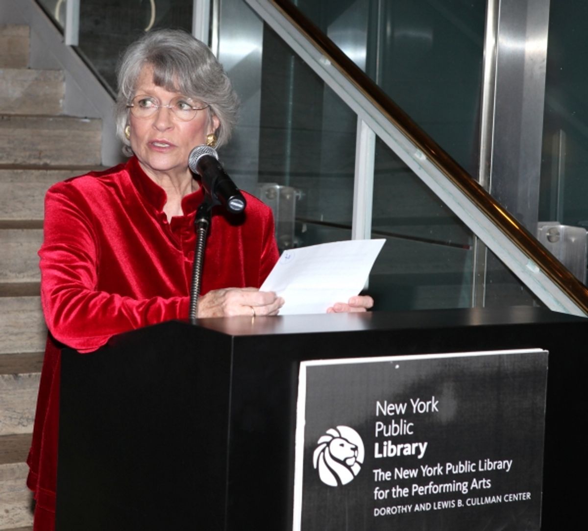 Louise Hirschfeld Cullman attends the reception and unveiling for the Al Hirschfeld permanent installation at The New York Public Library for Performing Arts in New York City. at 