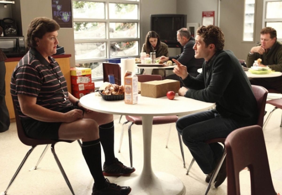 Coach Beiste (guest star Dot- Marie Jones, L) and  Will (Matthew Morrison, R) chat in the teachers' lounge in a special episode of GLEE airing after SUPER BOWL XLV on Sunday, Feb. 6 (approx. 10:30-11:30 PM ET; approx. 7:30-8:30 PM PT) on FOX.  Ã‚Â©2011 Fo at 