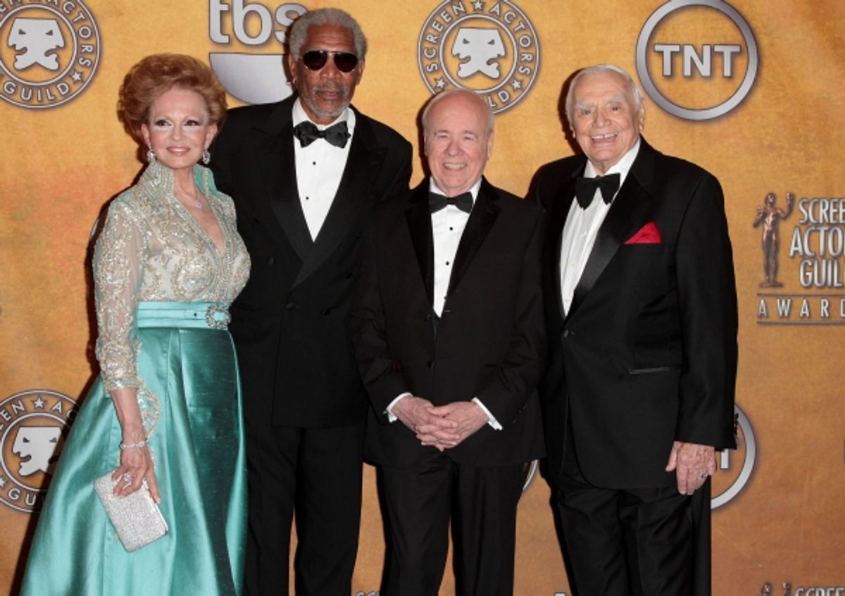 Tova Borgnine and actors Morgan Freeman, Tim Conway and Ernest Borgnine pictured at the 17th Annual Screen Actors Guild Awards Press Room held at The Shrine Auditorium in Los Angeles, California on January 30, 2011.  Ã¯Â¿Â½ RD / Orchon / Retna Digital. at 