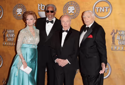 Tova Borgnine and actors Morgan Freeman, Tim Conway and Ernest Borgnine pictured at t Photo
