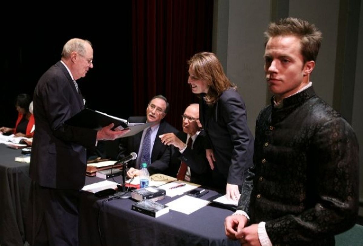 Supreme Court Justice Anthony M. Kennedy talks with Hamlet's defense team Dr. Saul Faerstein, Richard G. Hirsch, Blair Berk and actor Graham Hamilton at 