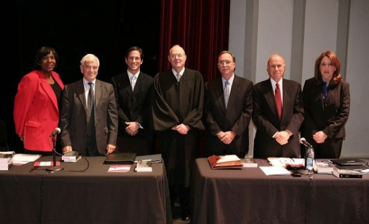 Prosecution team Danette Meyers, Dr. Ronald Markman, Nathan J. Hochman, Supreme Court Justice Anthony M. Kennedy and the defense team Dr. Saul Faerstein, Richard G. Hirsch and Blair Berk at 