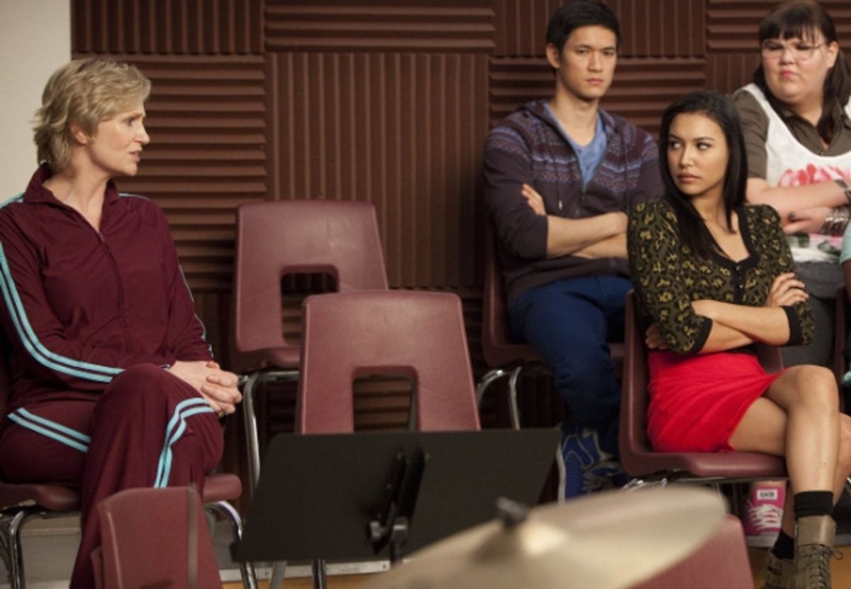Sue Jane Lynch, L sits in on a glee club rehearsal in the 'Comeback' episode of GLEE airing Tuesday, Feb. 15 8:00-9:01 PM ET/PT on FOX. Also pictured L-R: Harry Shum Jr., Naya Rivera and Ashley Fink. at 